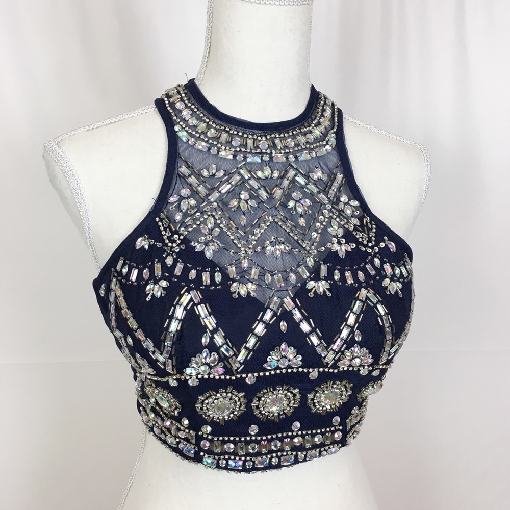 B. DARLIN Bedazzled Halter Top-Navy Blue-Size 1/2